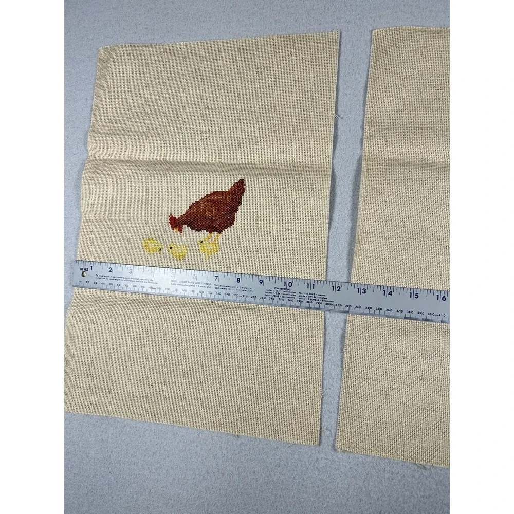 Vtg Pair Completed Cross Stitch Rooster Hen Chicks on Linen Unframed 11.5